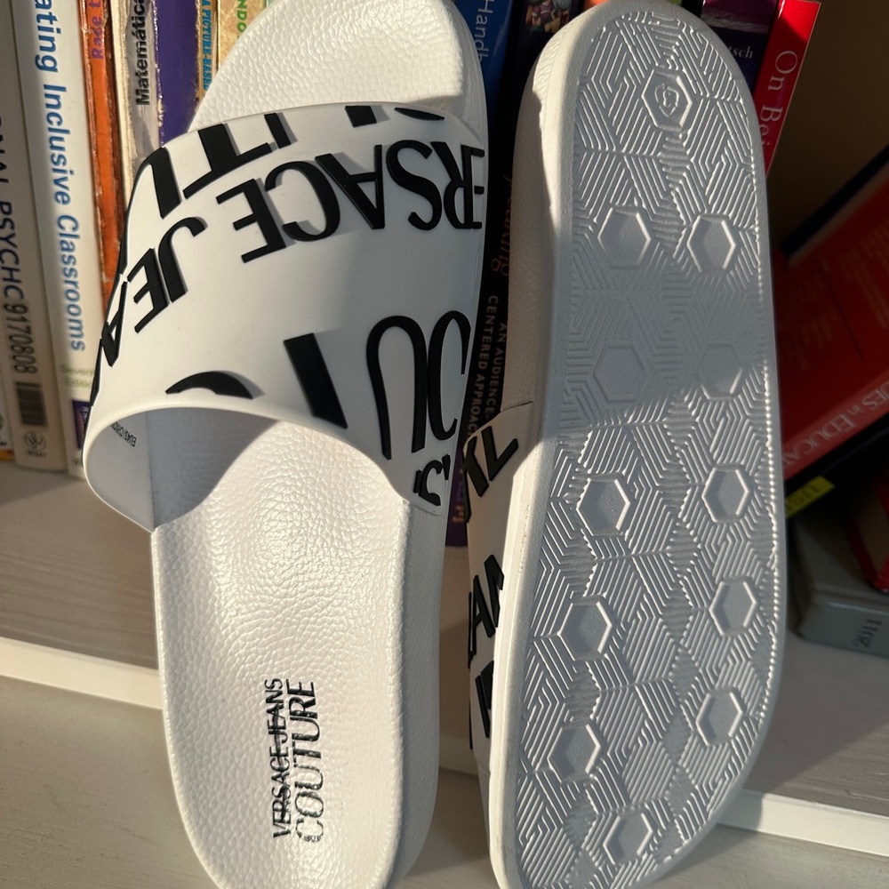 Versace White and Black Logo Slide Sandals